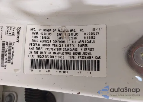 2017 Honda Accord Lx из США, поврежденный, VIN 1HGCR2F39HA238632